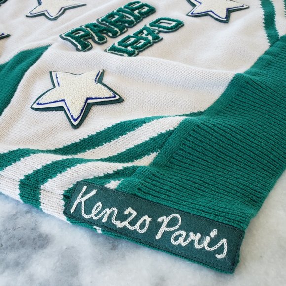 NWOT Kenzo Paris Tiger Intarsia wool V-Neck Sweater Beige/Green - Picture 4 of 5